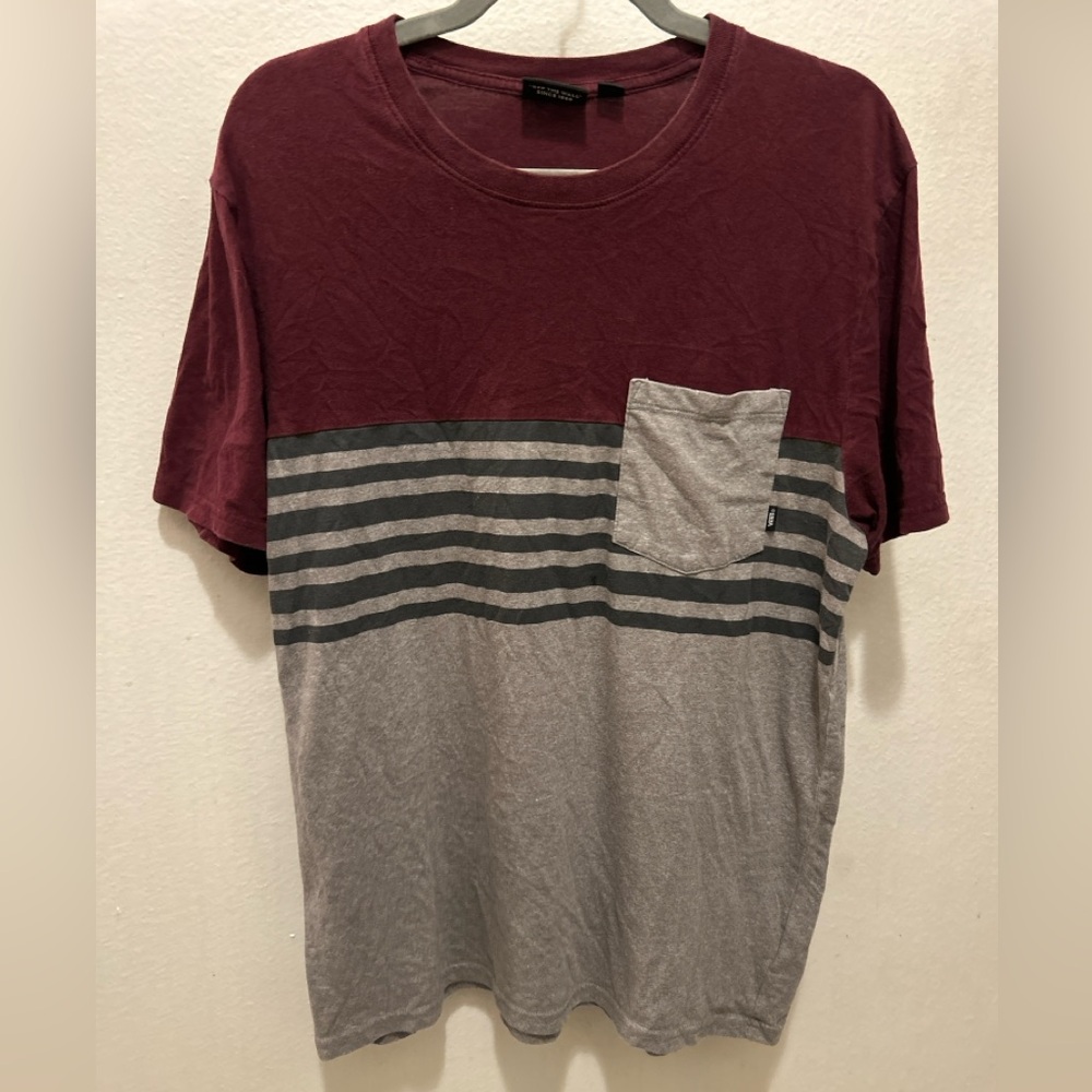 VANS Stripe Pocket Tee T Shirt Colorblock Burgundy Gray Black Skate Grunge Y2K